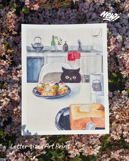 "Breakfast" art print, watercolor black cat art