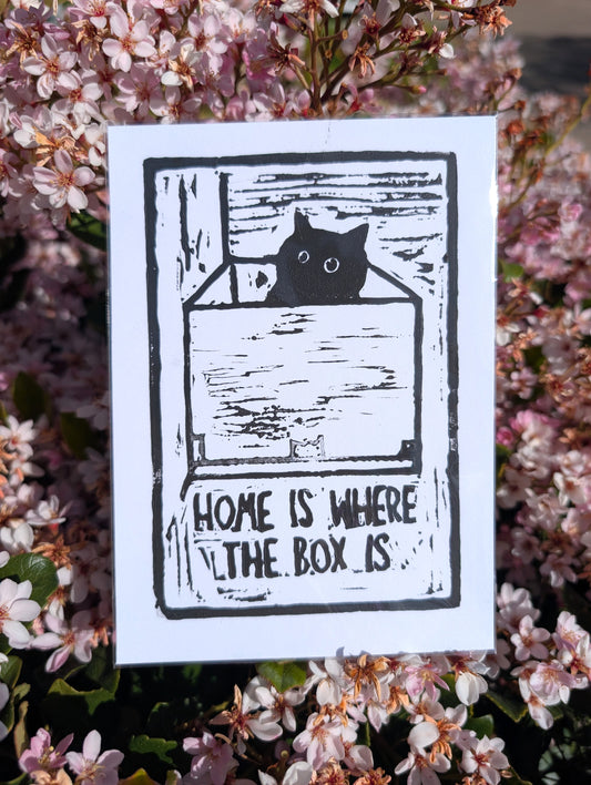 "Home is where the box is" linocut block print