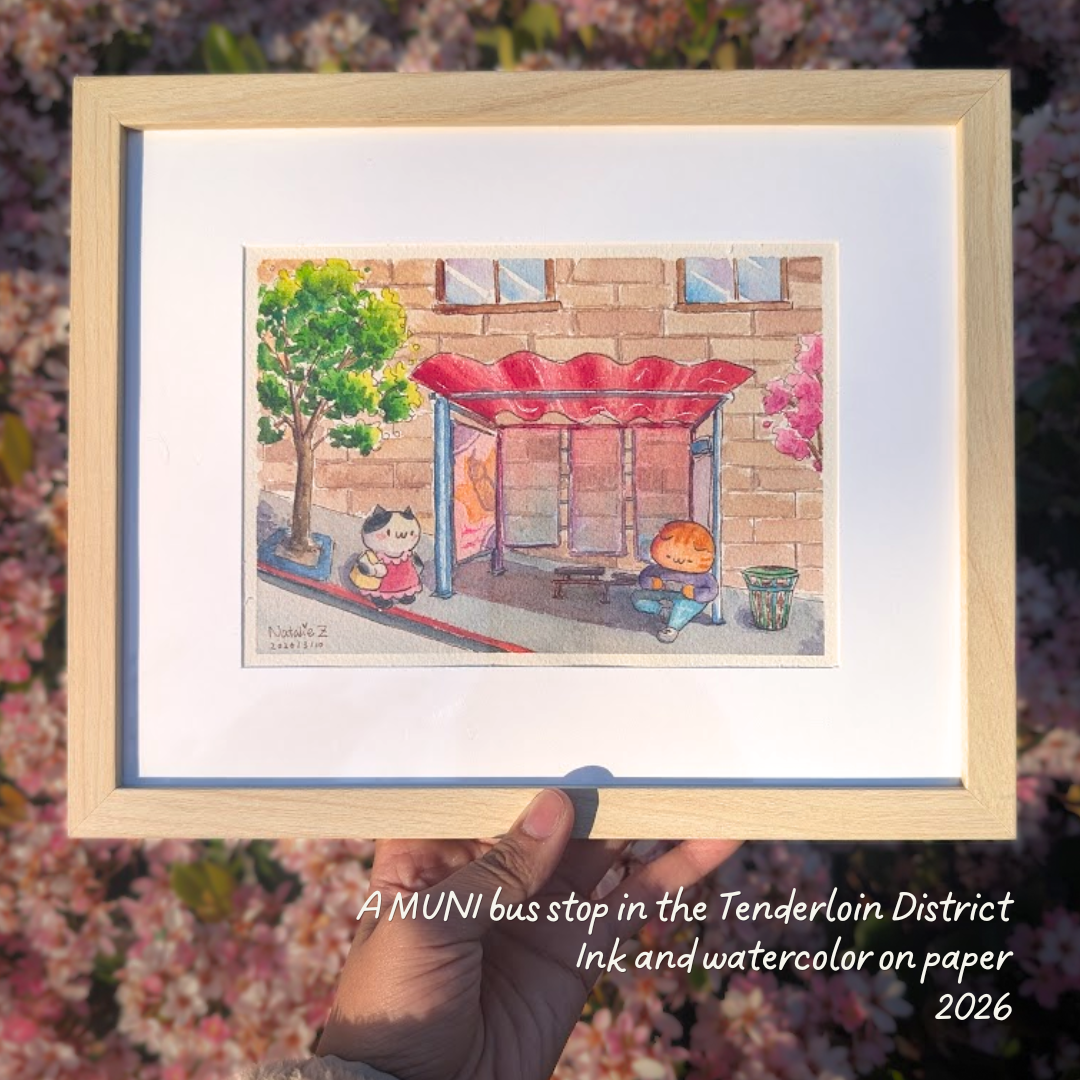 Illustration of a MUNI bus stop in the Tenderloin District with a hand holding it against a floral background.