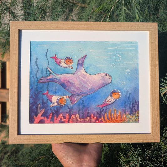Apricot, Butterscotch, Carrot and the Sea Lion, Original watercolor painting